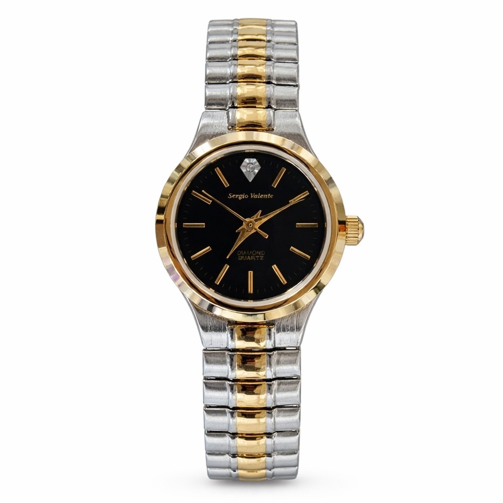 SergioValente Ladies Watch Two Tone Expansion Band Black Diamond Dial 2035Quartz